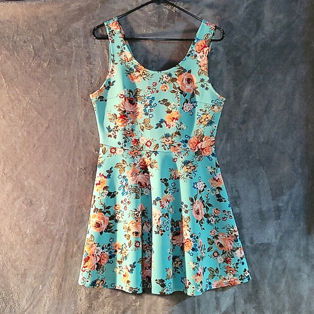 NoBo Lg Turquoise Dress w Pink & Blue Flowers
